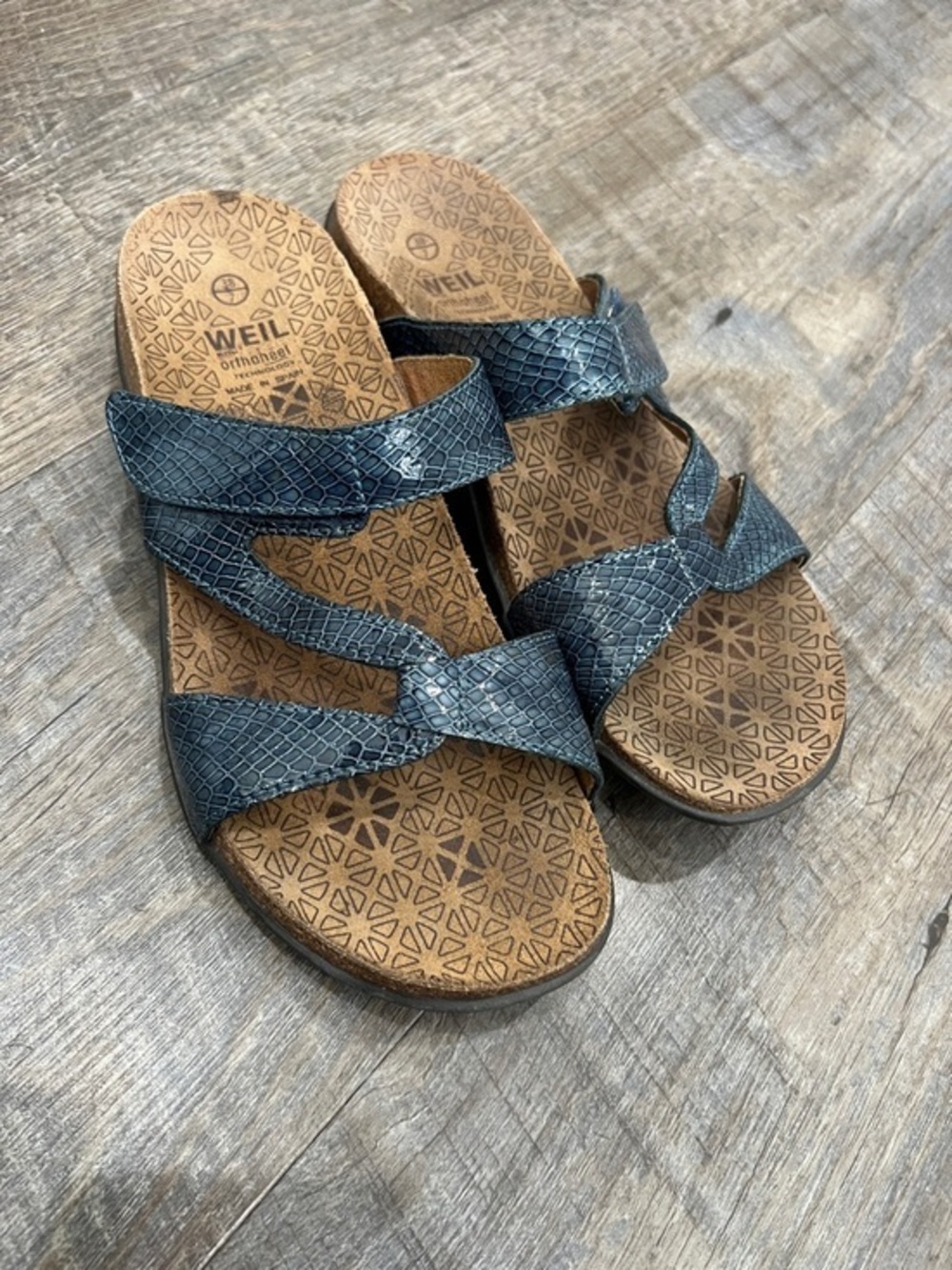 Naot Blue Snake-Print Slide Sandals with orthoheel technology Sculpted Footbed